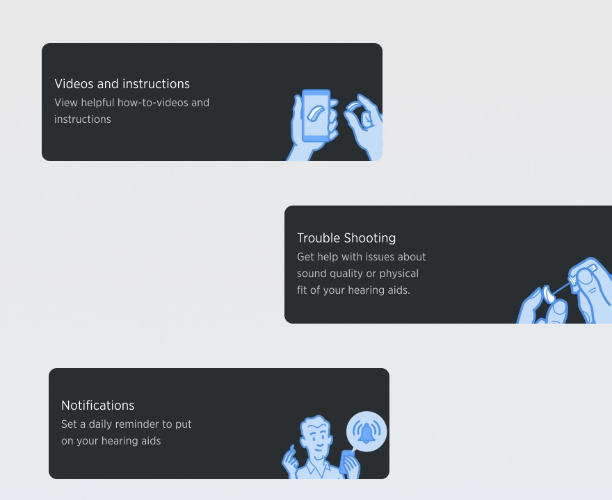 Illustrations produced by the in house Widex Marketing Design Team which we incorporated into the application